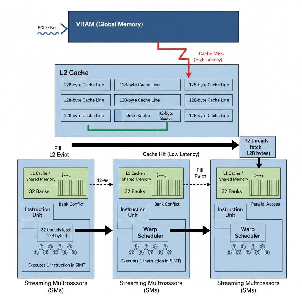 GPU memory hierarchy: VRAM, L2 cache with 128-byte lines and fill/evict, streaming multiprocessors with L1/shared memory (32 banks), warp scheduler, SIMT execution; cache hit vs miss; bank conflict vs parallel access.
